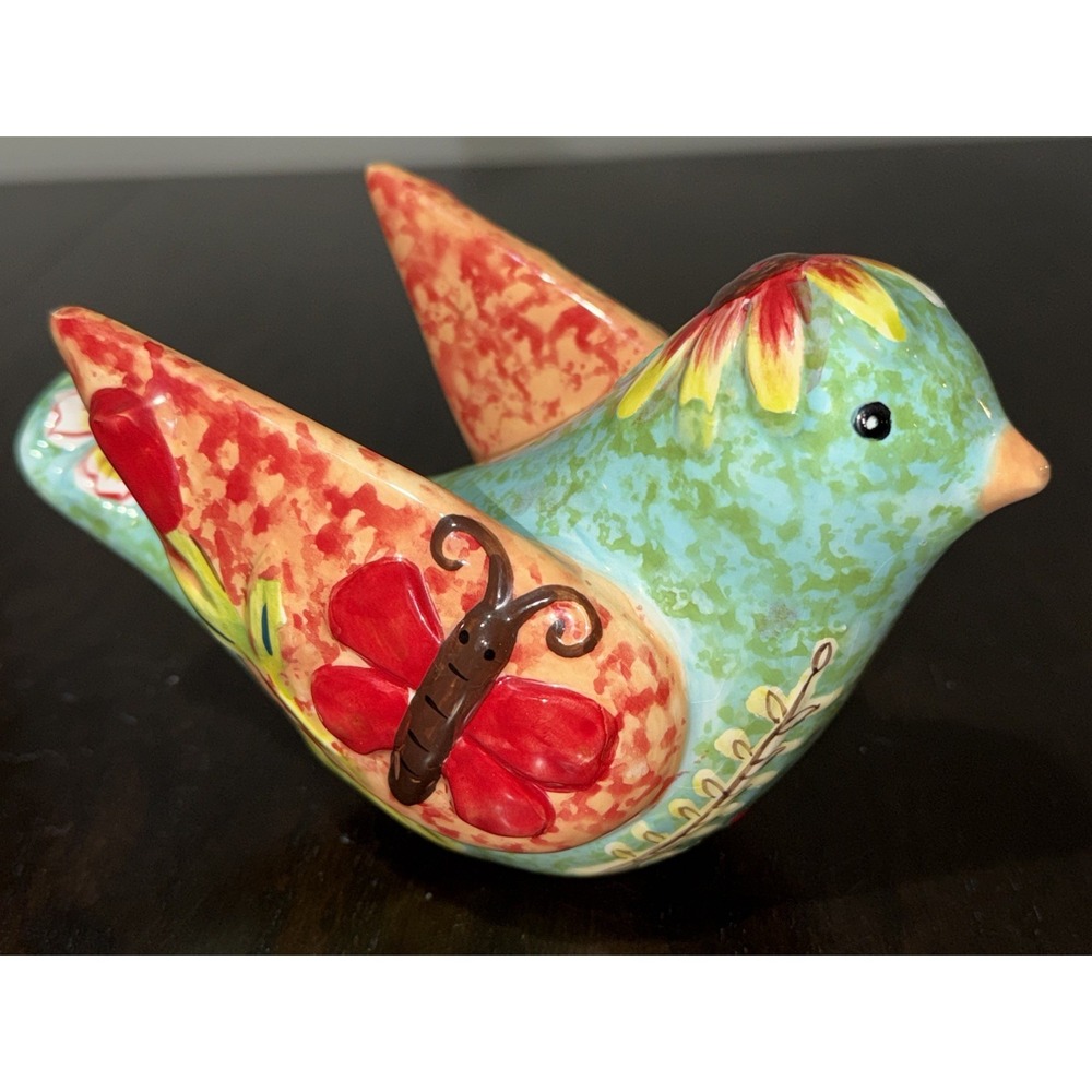 Colorful Ceramic Bird Figurine 3D Flowers & Butterflies Folk Art Garden Decor